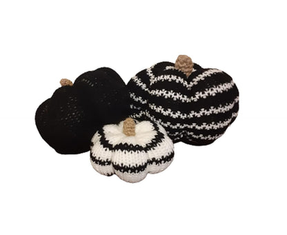 Set of 3 Knitted Pumpkin, 100% Handmade in USA, Autumn Decor, Halloween Season, Thanksgiving (Stripe Black & White)