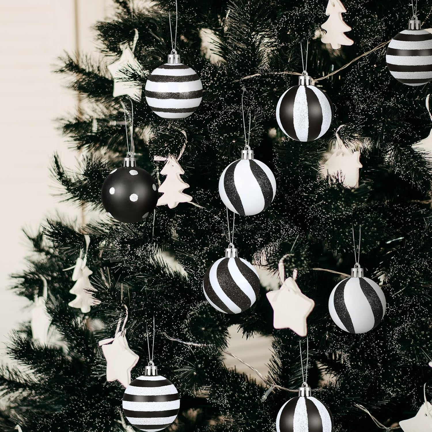 24 Pcs Christmas Black and White Ball 2.36 Inch Stripe Dot Hanging Xmas Ball Plastic Black Christmas Ornaments Christmas Decorations for Home and Holiday Party Christmas Trees Accessories