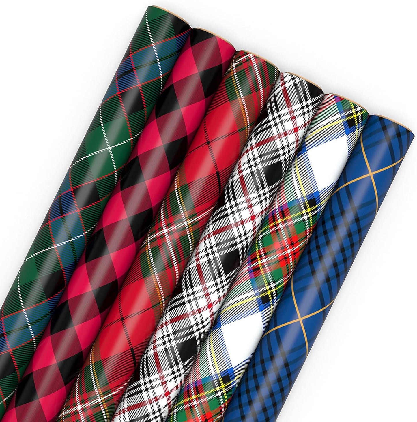 Christmas Wrapping Paper Rolls - Black and Red Buffalo Plaid, Royal Stewart Tartan, Blue, Green (6 Rolls: 180 Sq. Ft. Ttl.) for Holiday Parties, Hanukkah, Winter Weddings