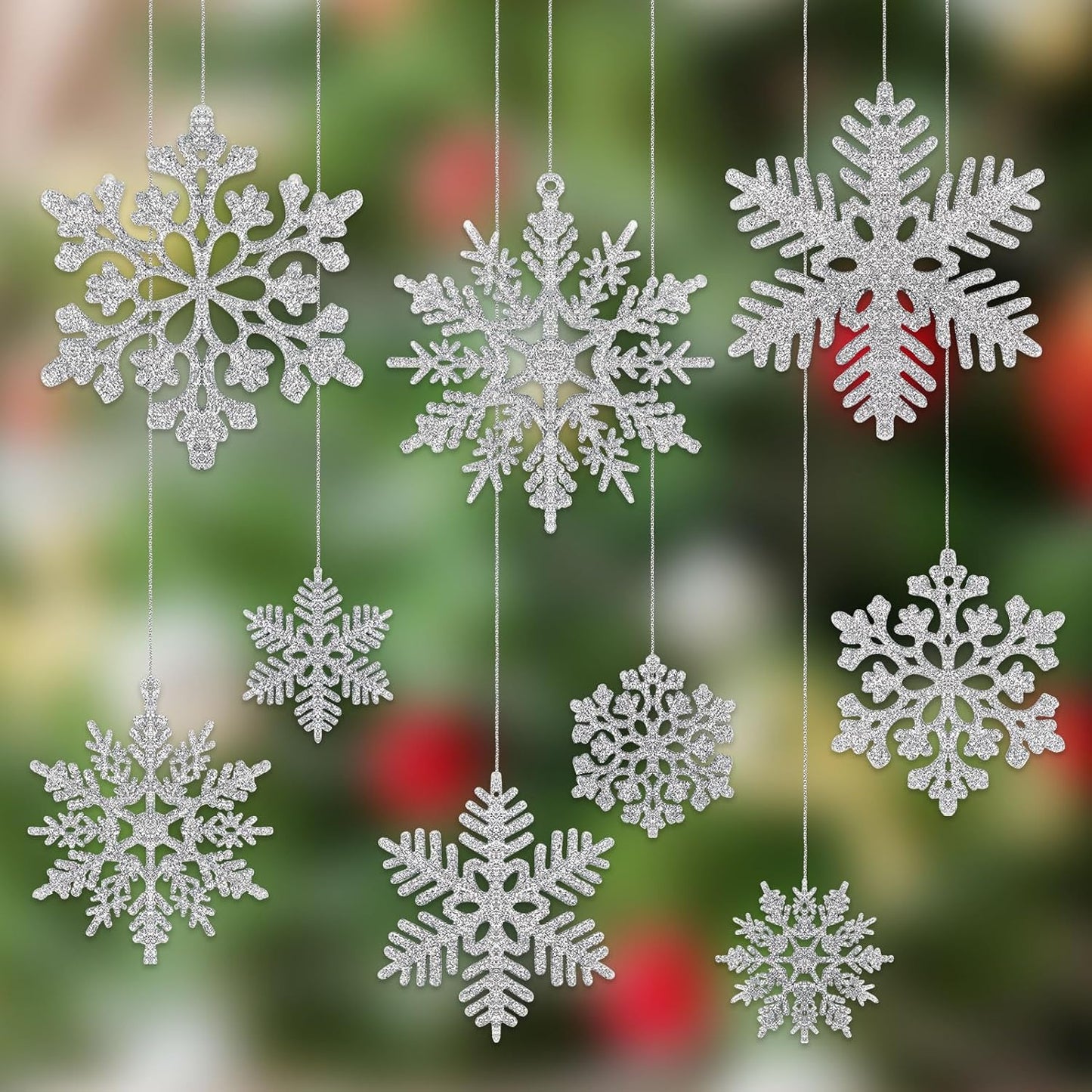 54Pcs White Snowflakes Christmas Tree Decoration, Glittering Plastic Snow Flake Ornaments, Hanging Snowflake for Indoor Winter Wonderland Decor