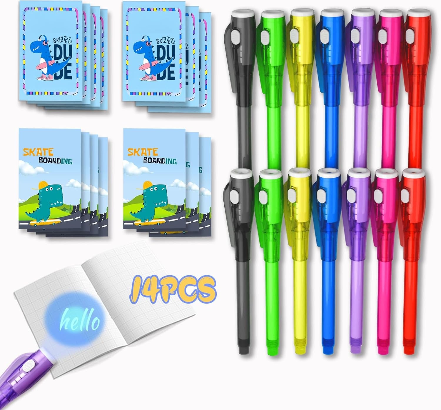 Invisible Ink Pen Spy Game for Kids, Party Favors Toys for Girls Boys, Magic Markers for Boys Girls Fun Outdoor Toys, Birthday Christmas Gift for 6-13 Year Old Girls Boys (14Pcs+Blue Notebooks)