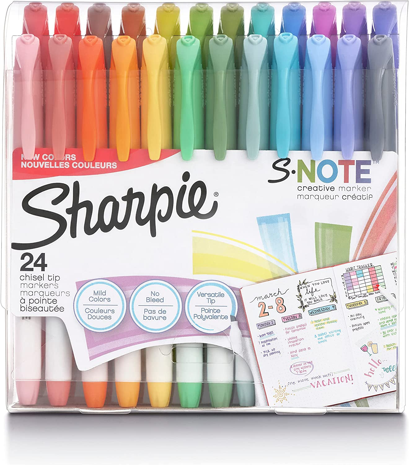 S-Note Creative Markers, Pastel Highlighters, Art Marker Set, Assorted Colors, Chisel Tip, 24 Count
