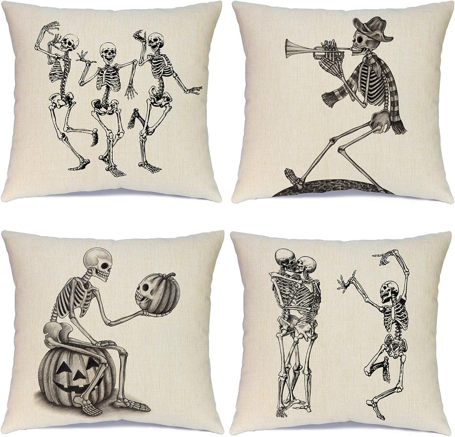 Halloween Pillow Covers Skeleton Skull Pumpkin Throw Pillowcases Set of 4 Cotton Linen Pillow Cushion Cover for Halloween Decorations, 16 by 16 Inch