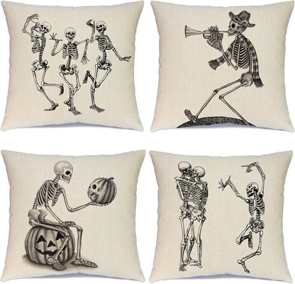 Halloween Pillow Covers Skeleton Skull Pumpkin Throw Pillowcases Set of 4 Cotton Linen Pillow Cushion Cover for Halloween Decorations, 18 by 18 Inch