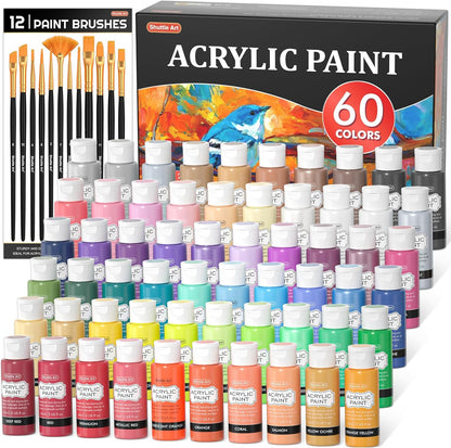 72 Pack Acrylic Paint Set,  60 Colors Acrylic Paint Including Extra White Black & 12 Brushes, 2Oz/60Ml, Rich Pigmented, Water Proof, Ideal for Artists, Beginners on Canvas Rock Wood Ceramic