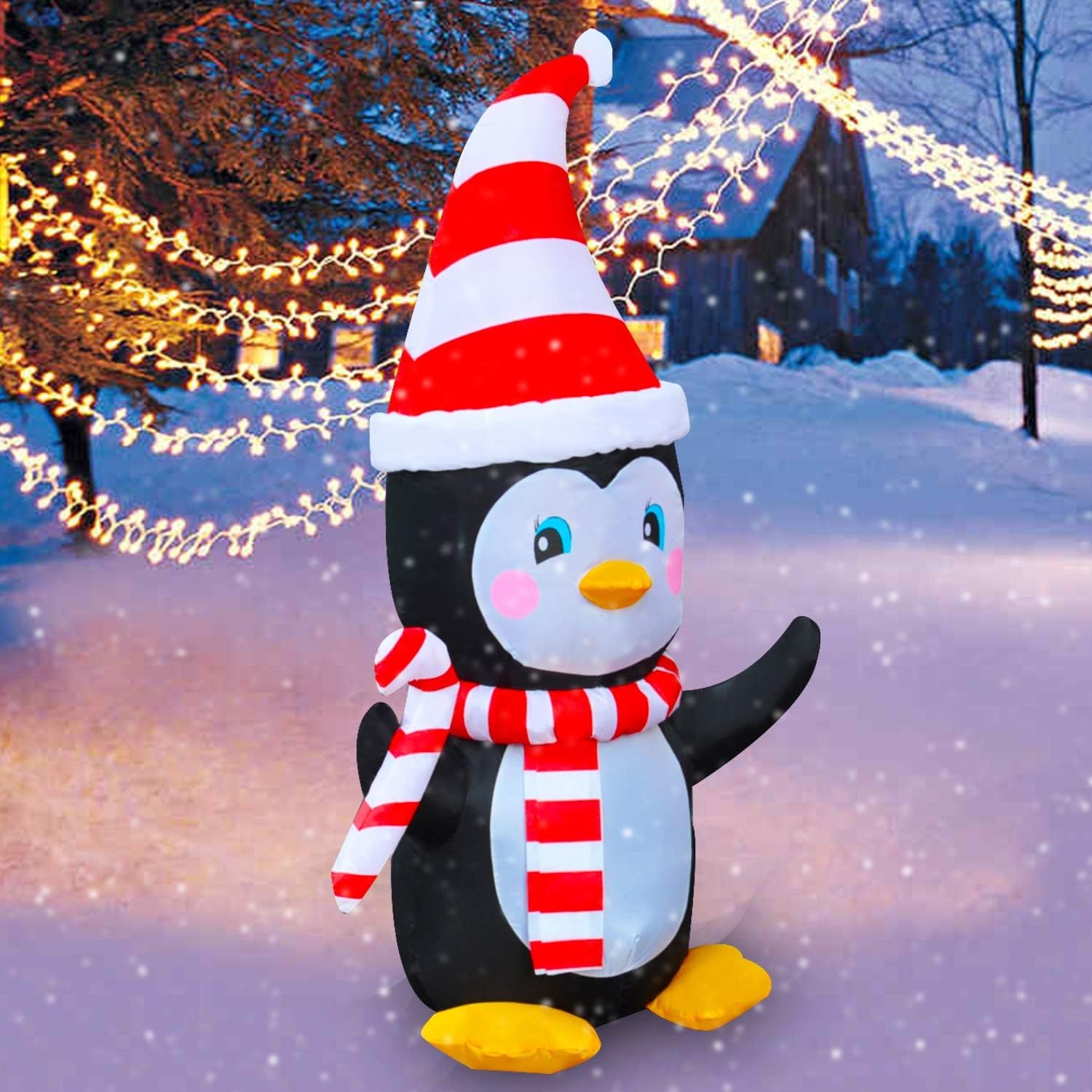 4 Ft LED Light up Inflatable Christmas Penguin with Scarf & Candy Decoration for Yard Lawn Garden Home Party Indoor Outdoor Holiday Xmas Decor