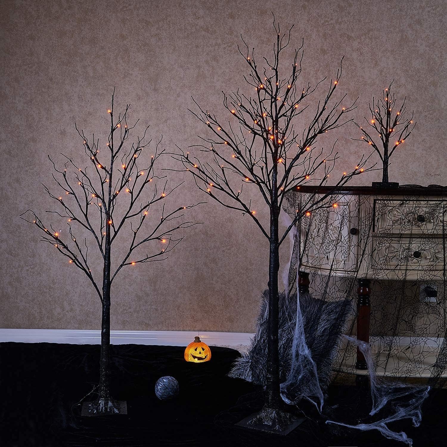 Lighted Tabletop Black Glittered Spooky Tree with Orange Lights 24 LED 18 Inches for Halloween Witch Decoration Battery Operated or USB Plug in Indoor Use