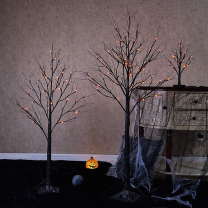 Lighted Tabletop Black Glittered Spooky Tree with Orange Lights 24 LED 18 Inches for Halloween Witch Decoration Battery Operated or USB Plug in Indoor Use