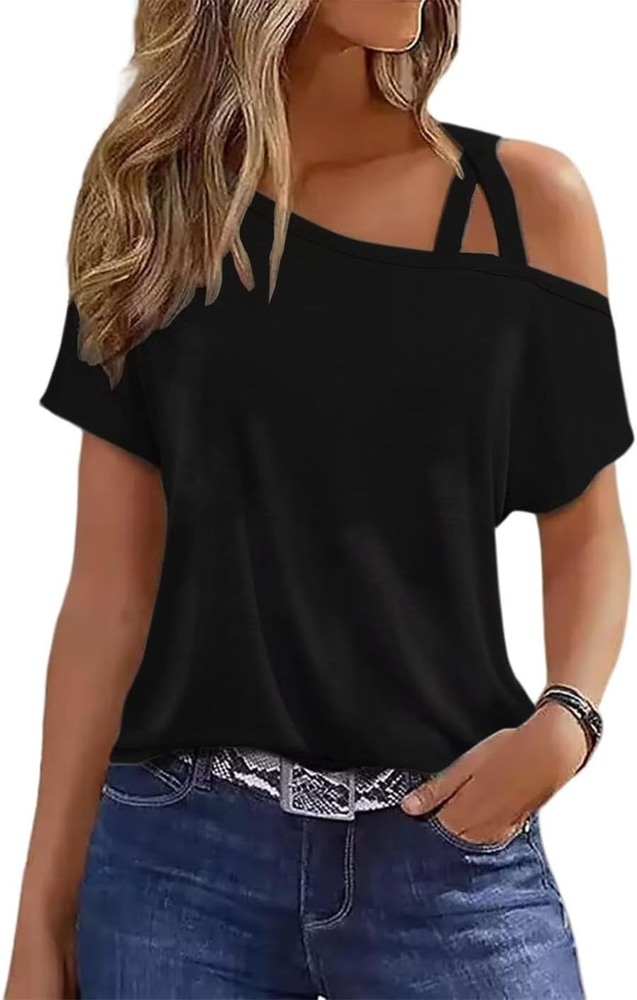 Criss-Cross One Shoulder Tops Sexy Cold Shoulder Shirts Summer Short Sleeve T-Shirts Vacation Loose Casual Tees