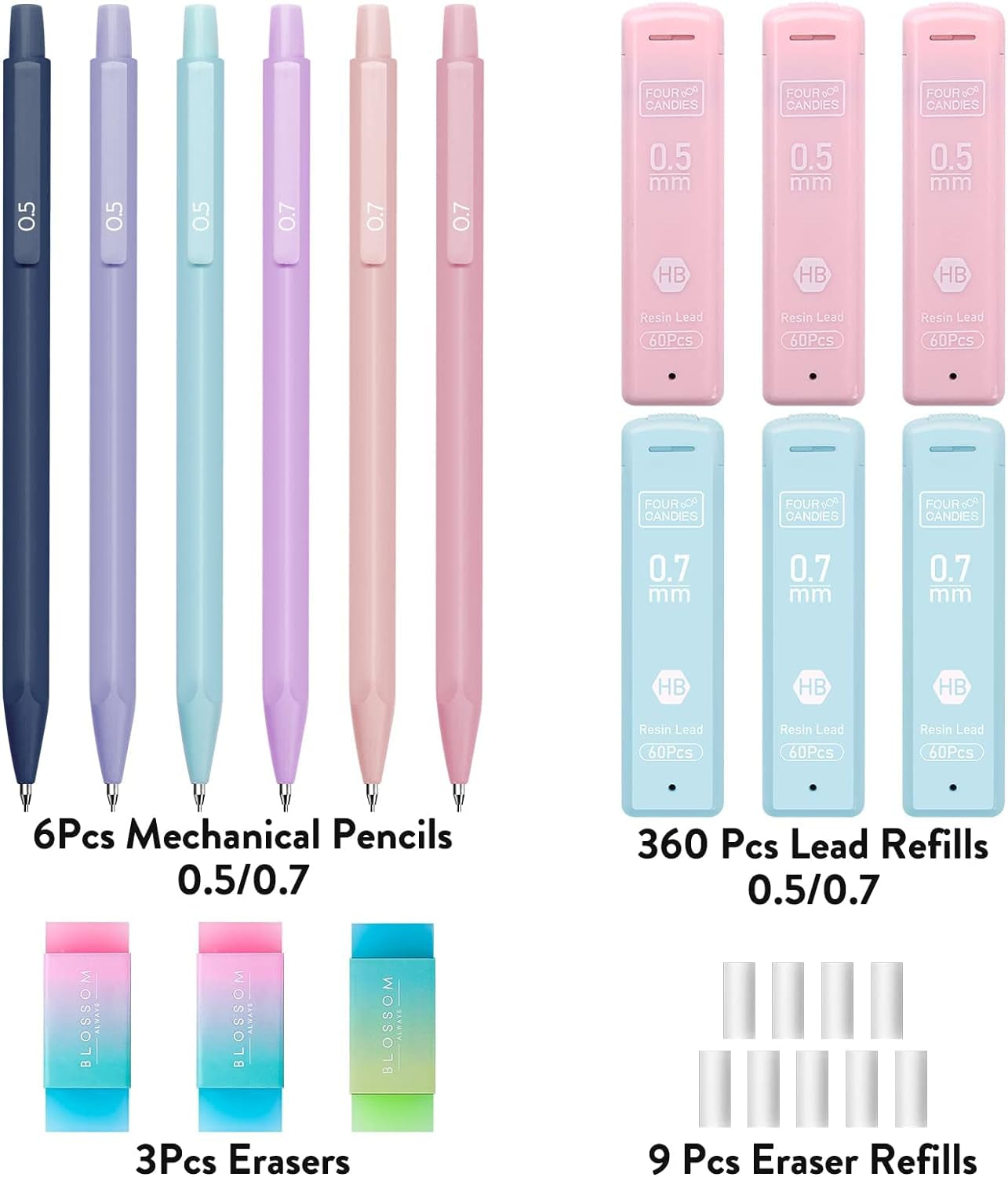 Cute Mechanical Pencil Set, 6PCS Pastel Mechanical Pencils 0.5 & 0.7Mm with 360PCS HB Pencil Leads, 3PCS Erasers and 9PCS Eraser Refills, Aesthetic Mechanical Pencils for Girls Writing