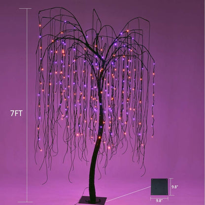 7 Feet Halloween Willow Tree with Spiders, 256 LED Lights for Home, Festival,Nativity, Party, and Christmas Decoration,Indoor Outdoor Use, Purple