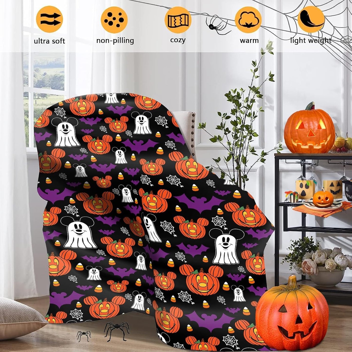 Halloween Throw Blankets, Halloween Jack-O-Lantern Pumpkins Ghost Bat Cartoon Mouse Flannel Blanket Gifts, Soft Cozy Halloween Decorative Bed Throw Blankets 60X50 Inch