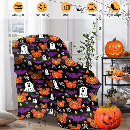 Halloween Throw Blankets, Halloween Jack-O-Lantern Pumpkins Ghost Bat Cartoon Mouse Flannel Blanket Gifts, Soft Cozy Halloween Decorative Bed Throw Blankets 60X50 Inch