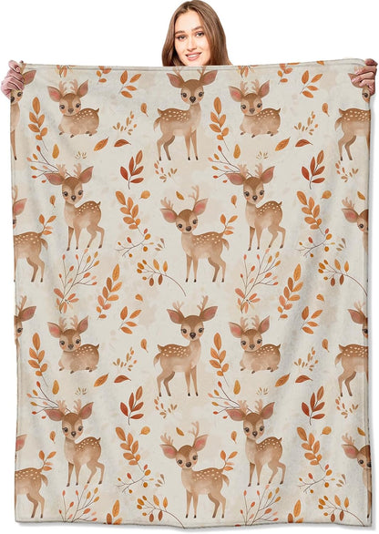 Whimsical Deer Blanket Cute Fawn and Autumn Leaves Throw Blankets Gifts for Kids Girls Lightweight Soft Fleece Cozy for Sofa Couch Bed Room Travel Birthday Decor 40X50In