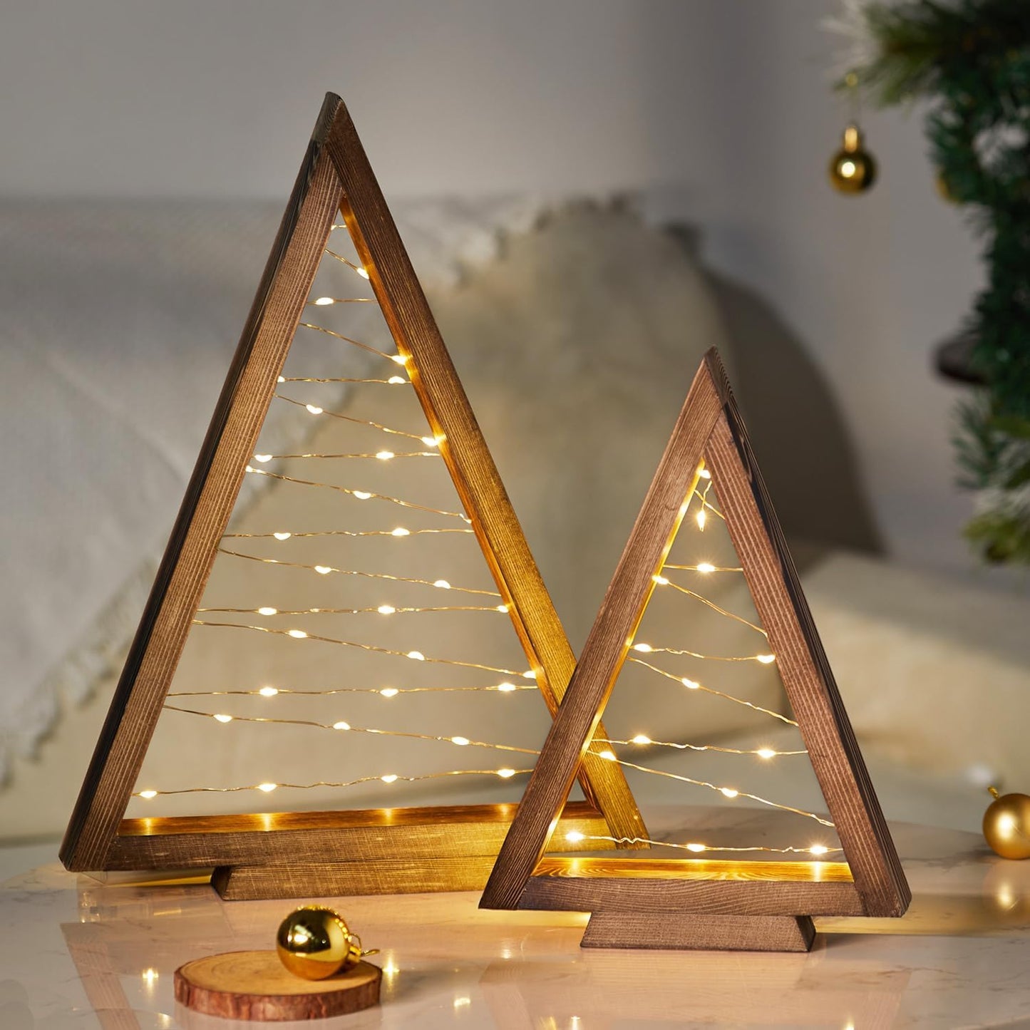 Wood Christmas Tree with Lights, Modern Farmhouse Lighted Tabletop Christmas Tree for Home Table Fireplace Mantle Shelf Decor, Christmas Holiday Decorations Set of 2 (Large 13.3" & Small 9.8")