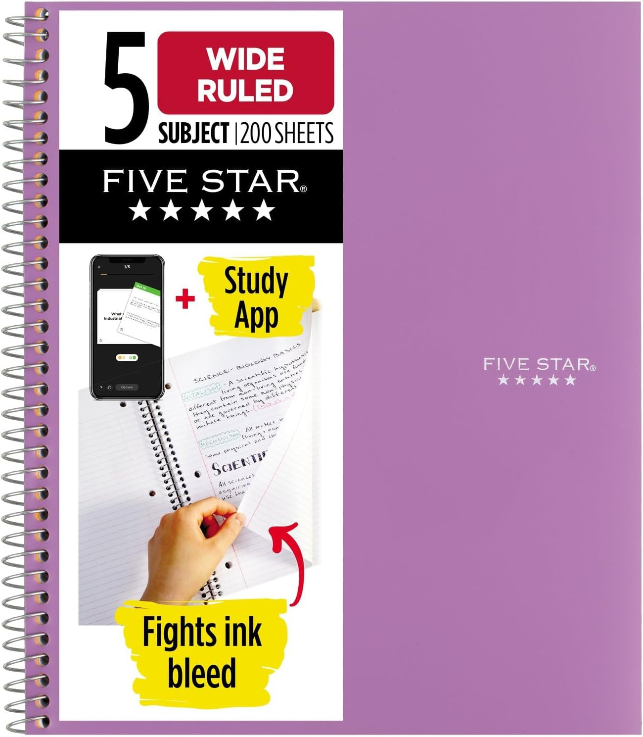 Spiral Notebook, 5 Subject, Wide Ruled Paper, Fights Ink Bleed, Water Resistant Cover, 8" X 10-1/2", 200 Sheets, Black (72045)