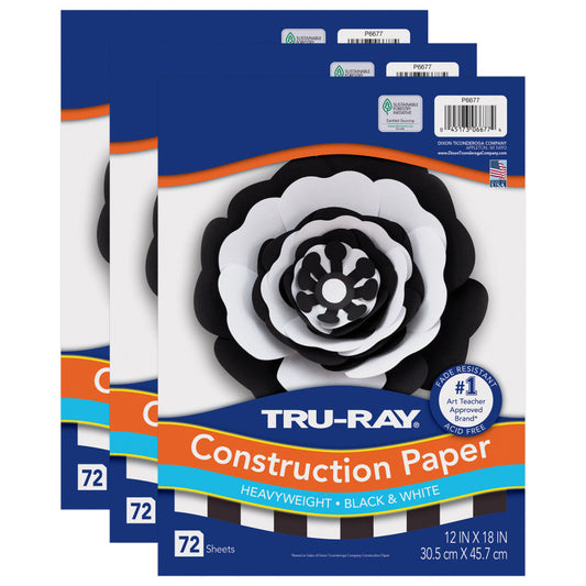 Premium Construction Paper, Heavyweight, Black & White, 12" x 18", 72 Sheets Per Pack, 3 Packs
