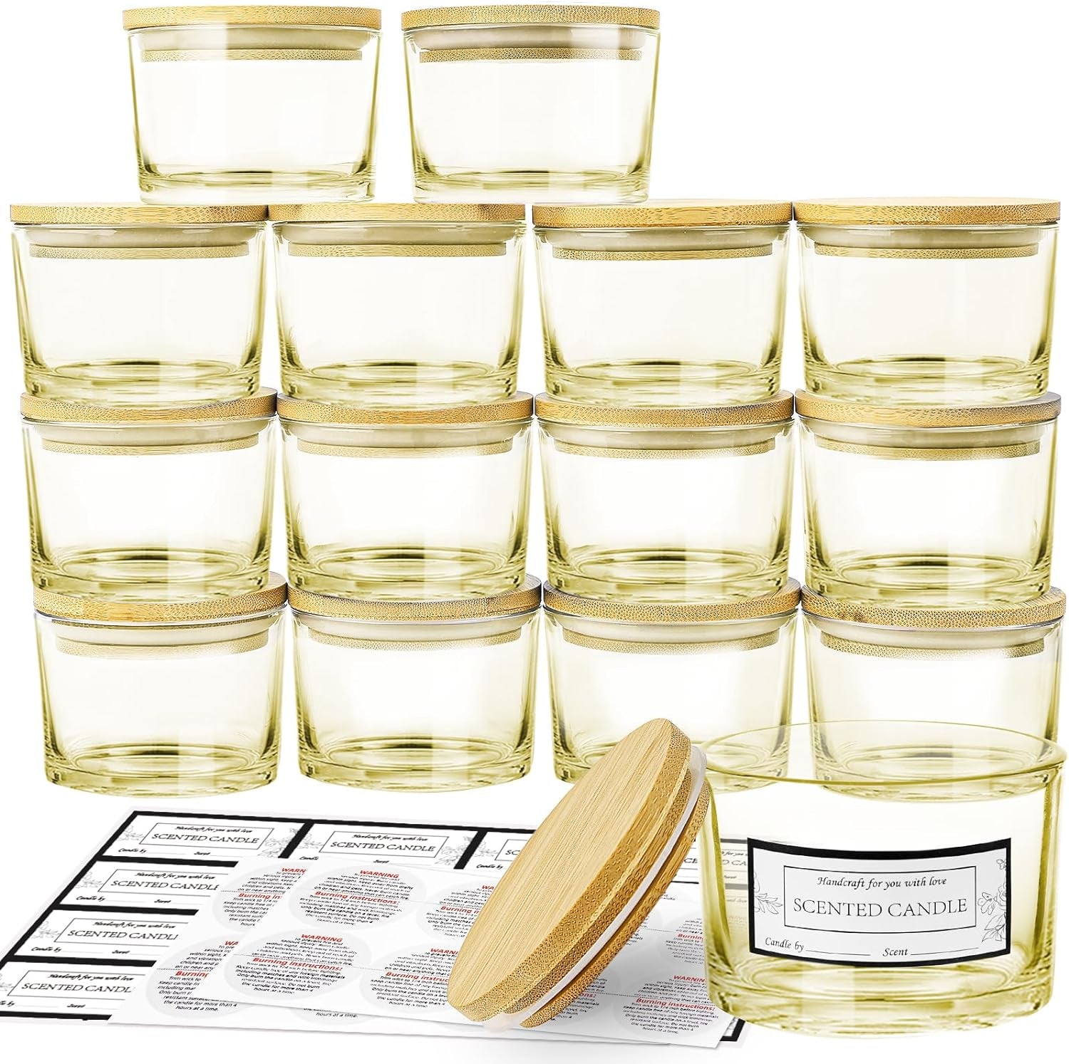 15 Pack 4 OZ Clear Glass Candle Jars with Airtight Bamboo Lids for Making Candles, Bulk Small Wide Mouth Empty Candle Containers with Sticky Warning Labels - Dishwasher Safe