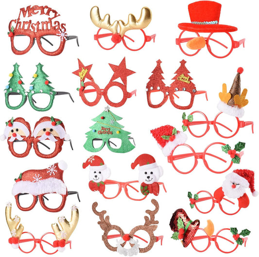 16 PCS Christmas Holiday Glasses for Kids & Adults ,Cute Christmas Glasses Frames,Fun Christmas Party Favors Festive Decorations & Trinkets , Perfect for Goodie Bag Stuffers ，Best Photos Booth