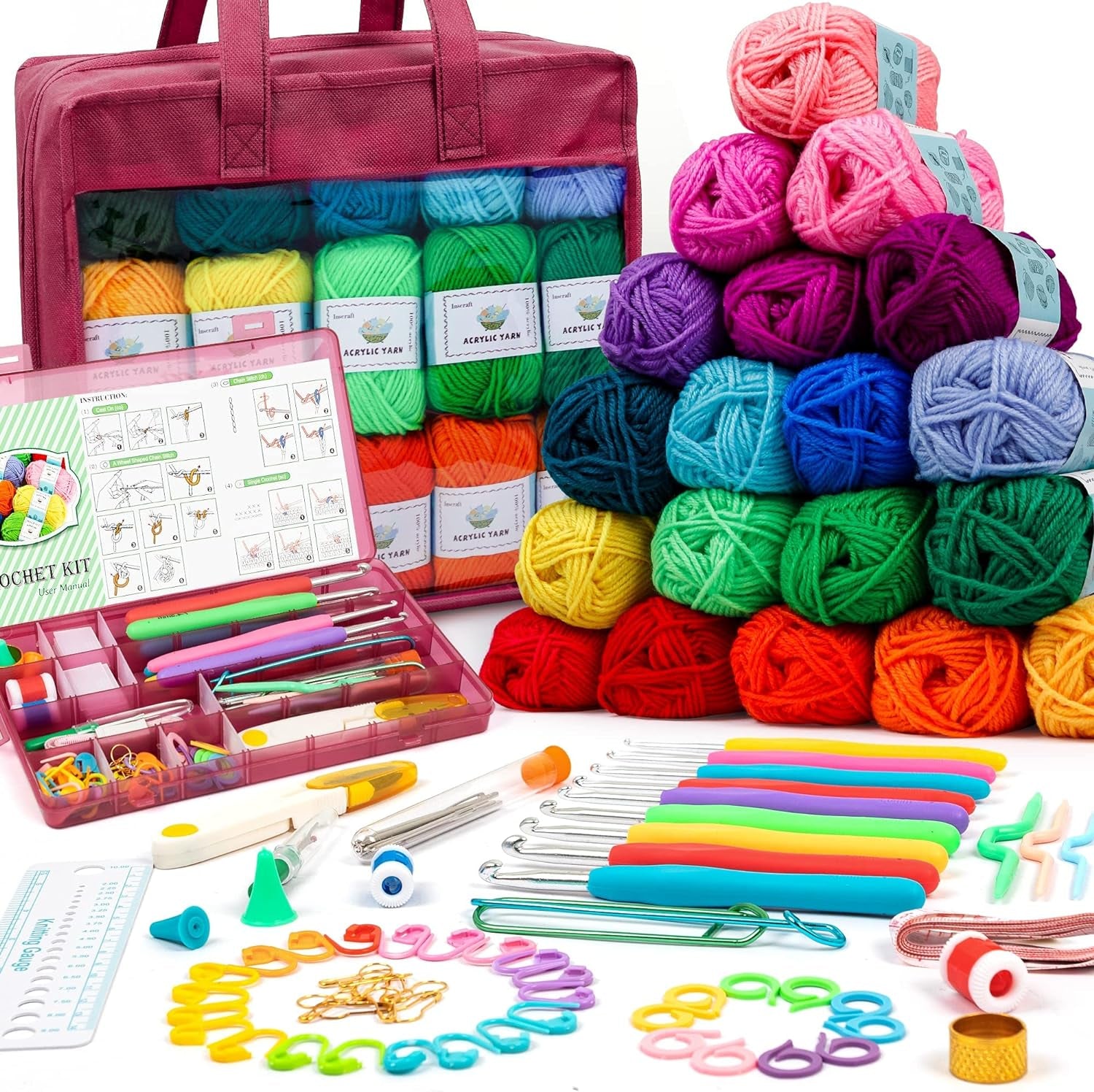 103 PCS Crochet Kit with Crochet Hooks Yarn Set, Premium Bundle Includes 1650 Yards Acrylic Yarn Skeins Balls, Needles, Accessories, Bag, Ideal Starter Pack for Kids Adults Beginner Professionals