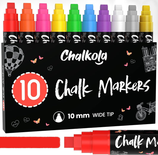 10Mm Window Markers - 10 Chalk Pens (With Gold, Silver) - 10Mm Wide Tip - Washable Liquid Chalk Markers for Blackboard, Chalkboard, Glass, Cars, Signs, Bistro - Erasable Wet Erase Markers