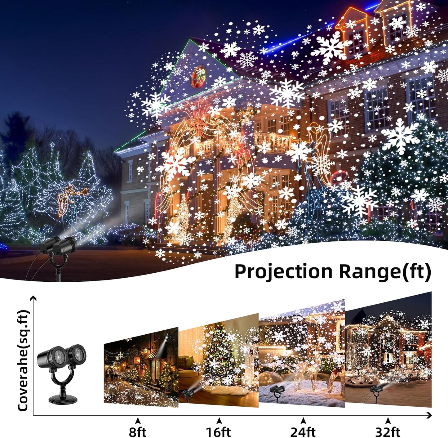 Christmas Snowflake Projector Lights Outdoor,Double Head Snowfall Led Lights Waterproof,Landscape Decorative Lighting Projection Lamp for Xmas Holiday Wedding Indoor Garden Patio