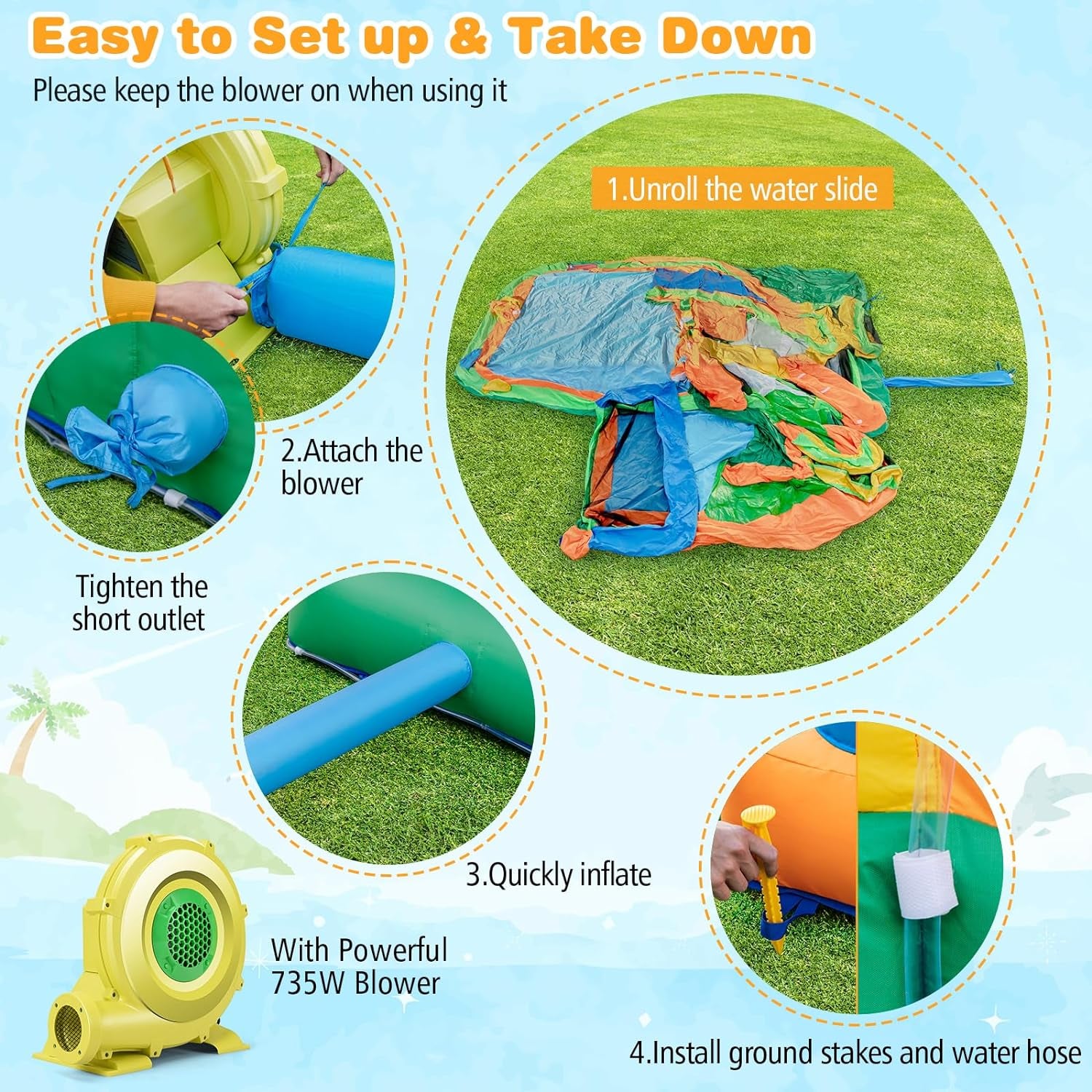 Inflatable Water Slide Park, 9 in 1 Mega Waterslide Bounce House for Outdoor W/Dual Slides, Giant Splash Pool, 735W Blower, Water Slides Inflatables for Kids and Adults Backyard Party Gifts