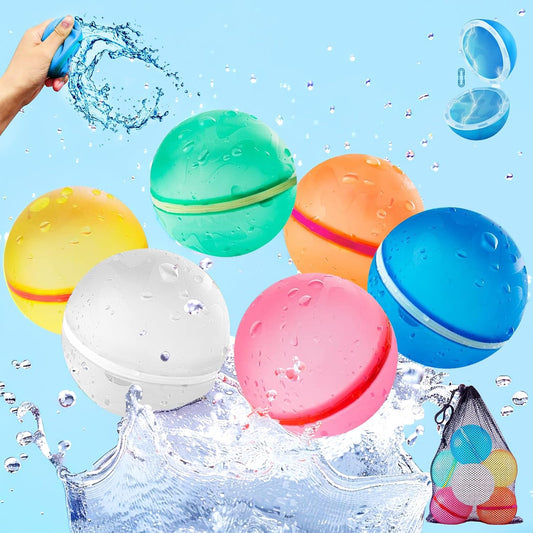 Reusable Water Balloons Quick Fill - 6Pcs Strong Magnetic Silicone Balls Refillable Water Bombs with Mesh Bag, Summer Toys for Swimming Pool Games Beach Backyard for Kids Age 3+ Boys & Girls