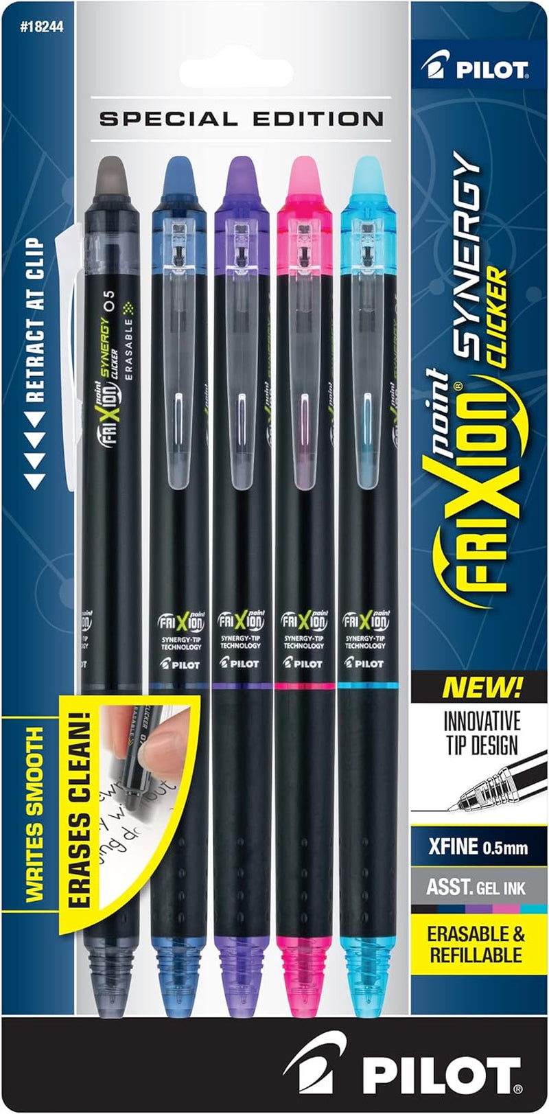 Frixion Synergy Clicker Erasable, Refillable & Retractable Gel Ink Pens, Extra Fine Point, Assorted Ink Colors, 5-Pack (18244)