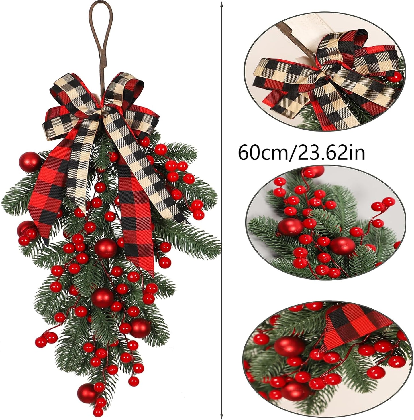 Christmas Swag Artificial Teardrop Swag Wreaths with Pine Cone Red Berry Christmas Ball Artificial Christmas Pine Branch Teardrop Door Swag Decoration for Xmas Front Door Outdoor Indoor Wall