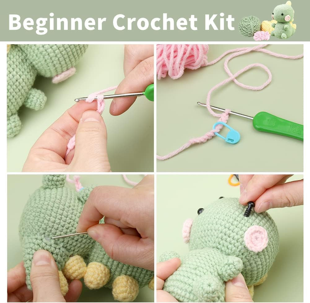 Beginners Crochet Kit, Crochet Animal Kit, Knitting Kit with Yarn, Polyester Fiber, Crochet Hooks, Step-By-Step Instructions Video, Crochet Starter Kit for Beginner DIY Craft Art (Dinosaur)