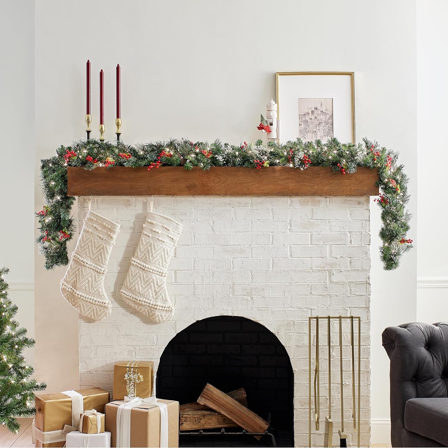 Pre-Lit Artificial Christmas Garland, Green, Wintry Pine, White Lights, Decorated with Pine Cones, Berry Clusters, Plug In, Christmas Collection, 9 Feet