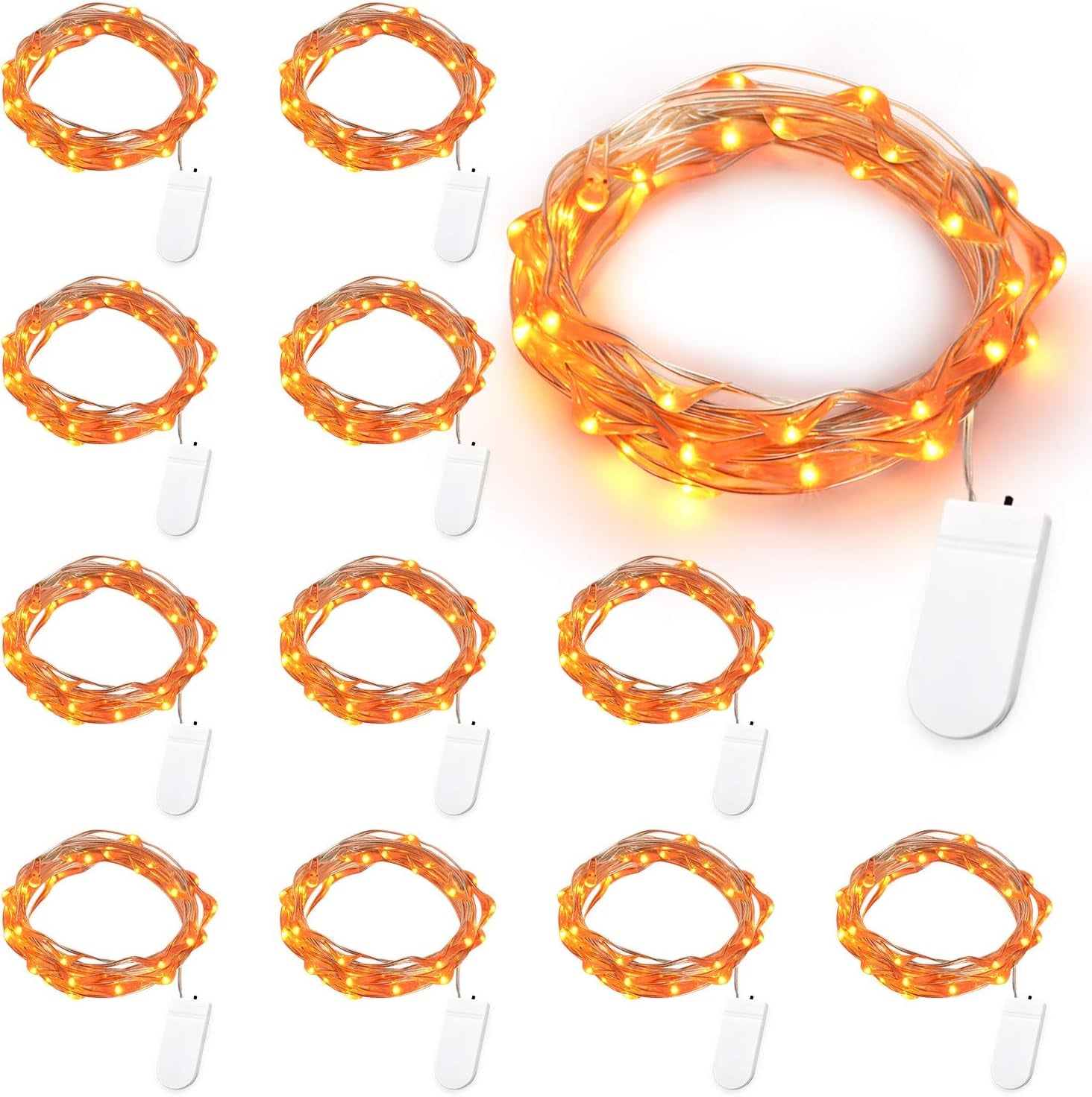 Orange Fairy Lights, 12 Pack 20 LED Orange Halloween Lights, 6.56Ft Battery Halloween String Lights, Indoor Twinkle Starry Lights Silver Wire for DIY Home Halloween Bedroom Party Holiday Decor