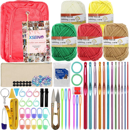 Crochet Kit with Step-By-Step Video Tutorials，Premium Bundle Includes 12 Roll X50Yard Acrylic Yarn Balls, 12 Crochet Hooks, Crochet Bag and All Accessories Kit, Crochet Kit for Beginners