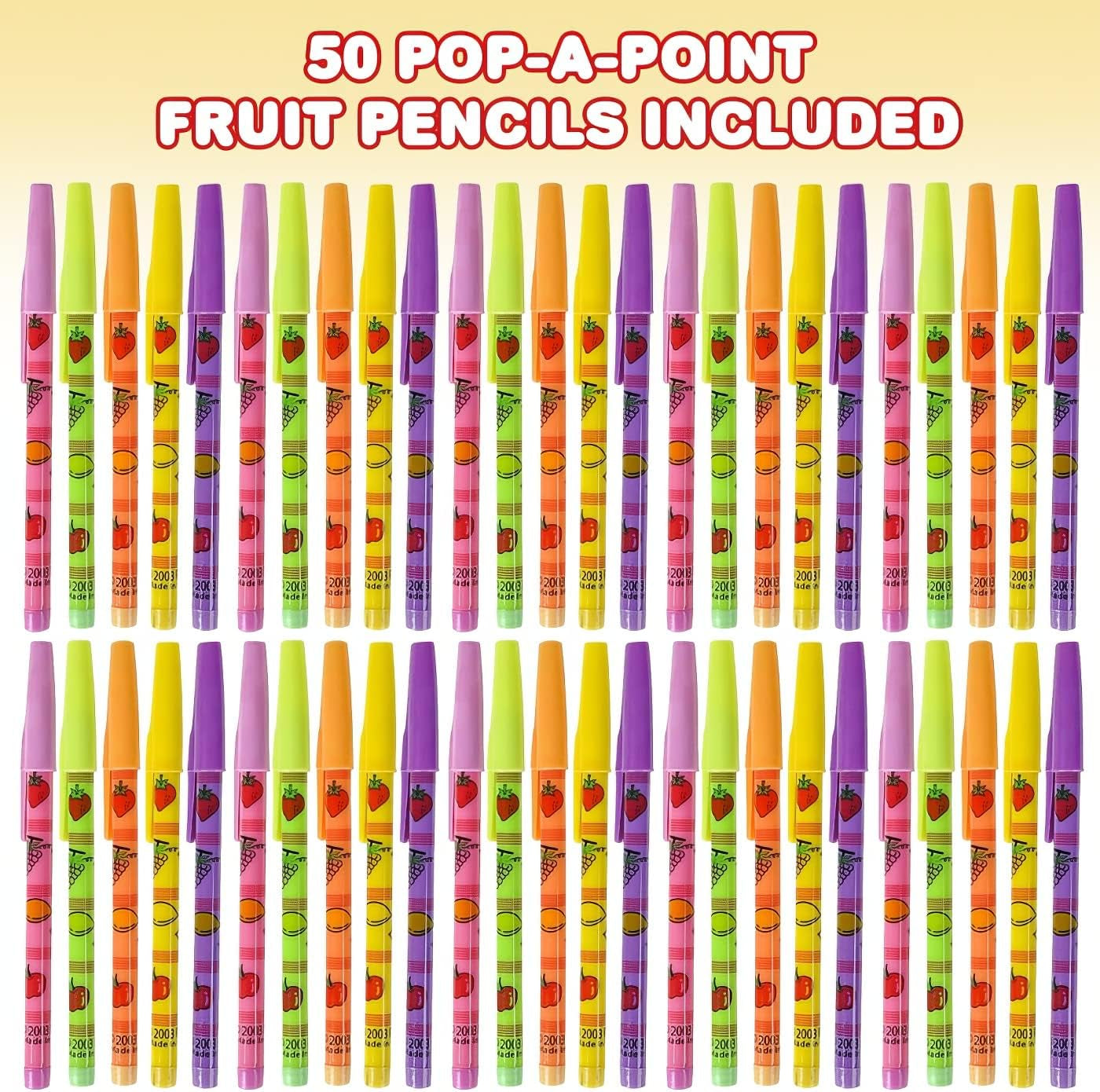 Pop a Point Fruit Pencils, Bulk Set of 50, Non-Sharpening Pencils with Fruity Prints, School Stationery Supplies, Teacher Rewards, Cute Party Favors for Kids and Adults, Assorted Colors