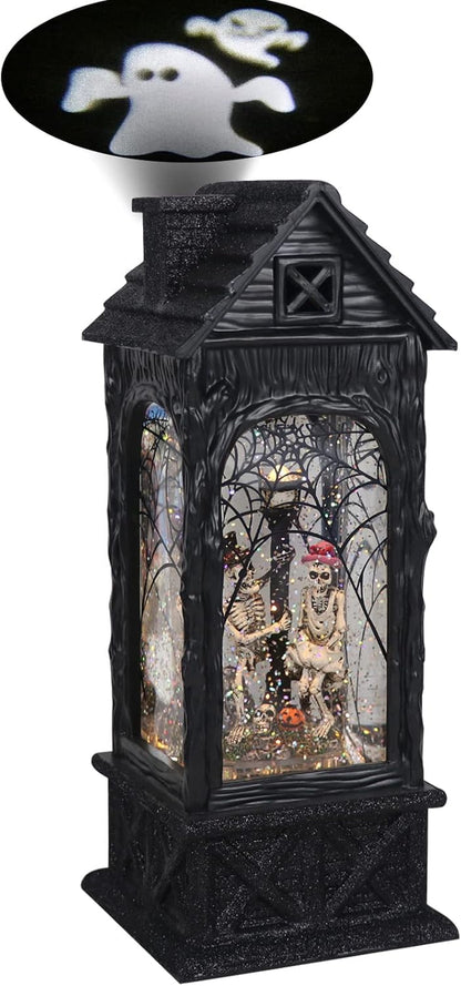 Halloween Skeleton Snow Globe Lantern Ghost Projection Lamp with 6 Hour Timer, Battery Operated & USB Powered LED Spinning Water Glittering Globe Halloween Decoration Parties(11”, 3AA)