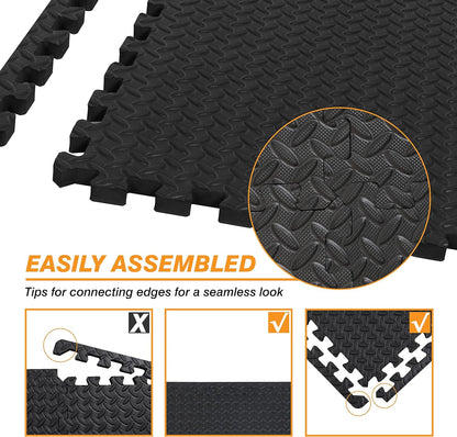 EVA Exercise Floor Mats: Interlocking Foam Tile Performance Mats - 6 Tiles (Area: 24 SQ FT) 1/2 Inch Thickness, EVA Home Gym Exercise Floor Mats for All Exercises or Equipment, Black