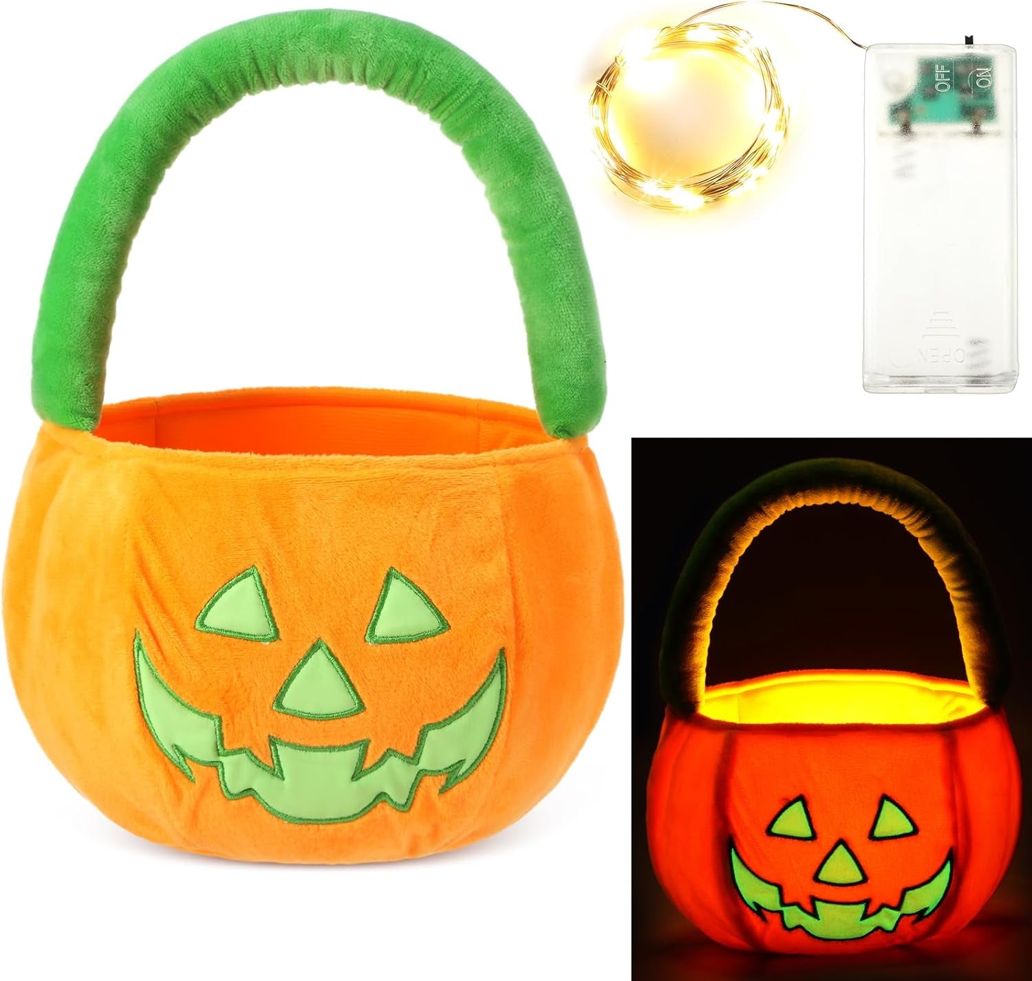 Halloween Trick or Treat Baskets Plush Glow in the Dark Candy Bucket Bag Halloween Pumpkin Ghost Black Cat Glow Candy Tote Bag for Halloween Gifts Party Favors(Pumpkin)