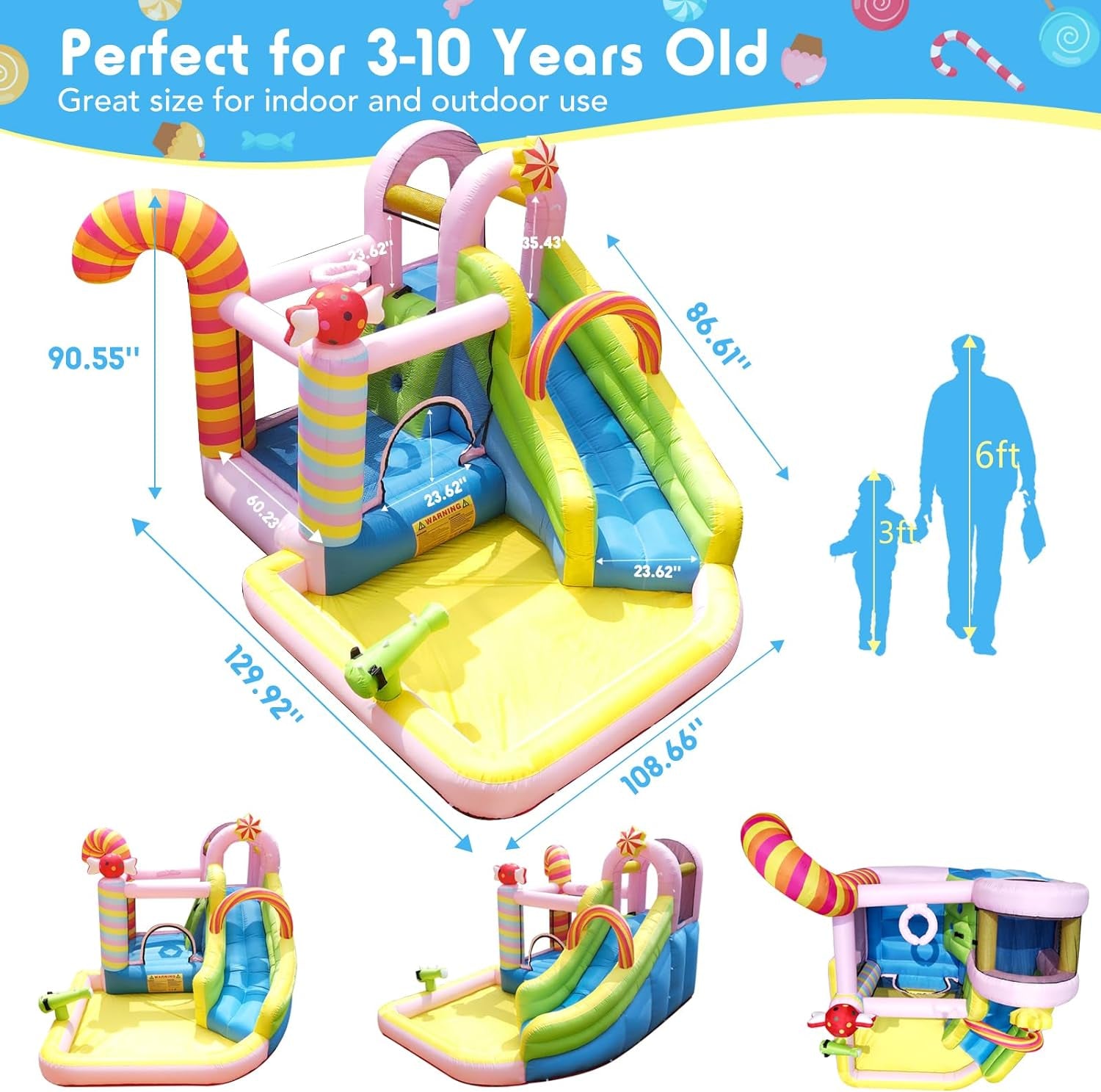 Inflatable Bounce House Water Slide, 6 in 1 Sweet Candy Water Park, Wet Dry Combo Bouncy Castle with 450W Blower, Splash Pool, Water Slide for Kids and Adults Backyard Party Gifts