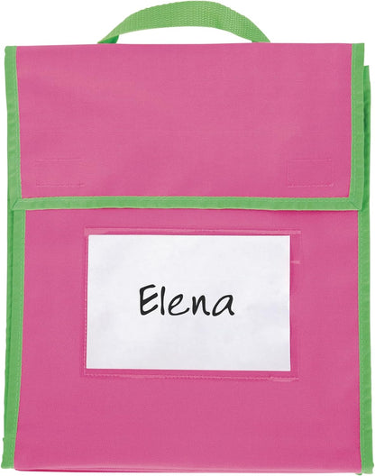 Store More Medium Book Pouches – Send Home Books and Homework in Durable Fabric Book Bag – Stitched-On Handle, Clear Name Tag Pocket, Neon Colors, 10”X1”X12” (Set of 4)