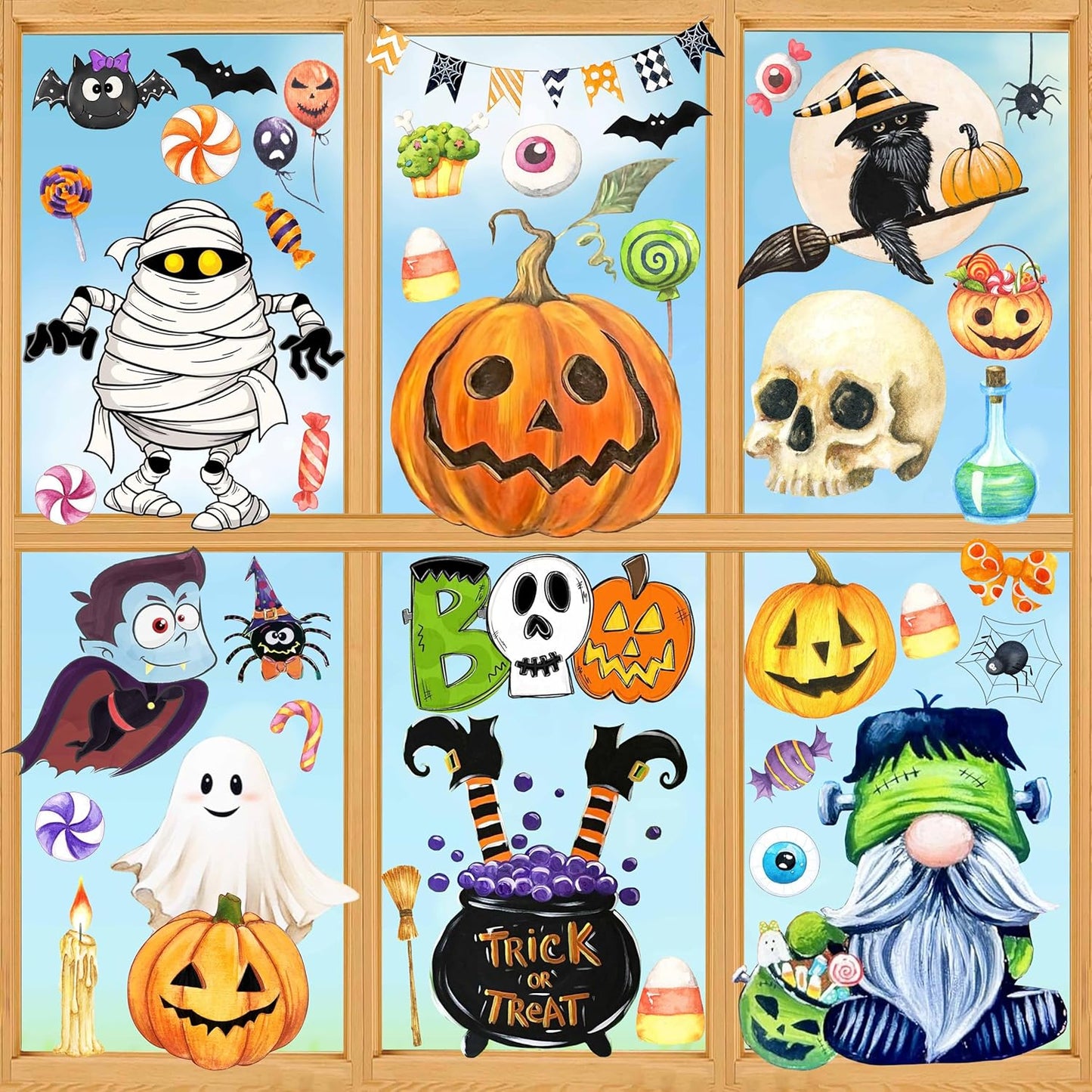 6 Sheets Halloween Window Clings Halloween Window Decorations Halloween Window Stickers Cute Oil Painting Window Decals for Halloween Home Indoor Wall Window Decor