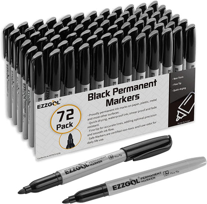 Permanent Markers Bulk, 72 Pack Black Permanent Marker Set, Fine Tip, Waterproof Markers, Premium Smear Proof Pens, Waterproof, Quick Drying, Office Supplies for School, Office, Home