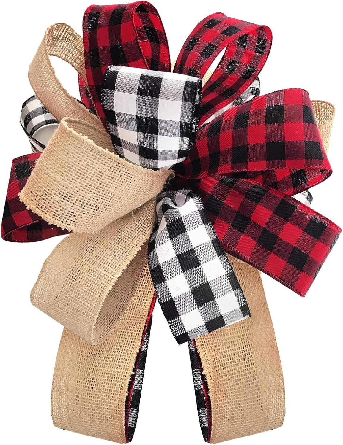 Christmas Tree Topper - Buffalo Plaid Red Black Burlap Decorative Bow - Rustic Farmhouse Xmas Decorations Home Decor - Handmade