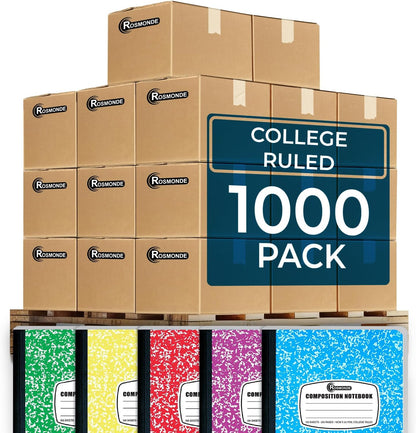 College Ruled Composition Notebooks 5 Pack, 200 Pages (100 Sheets), 9-3/4" X 7-1/2", White & Black Marble Composition Book, Hard Cover, Sturdy Sewn Binding, School, College & Office Supplies