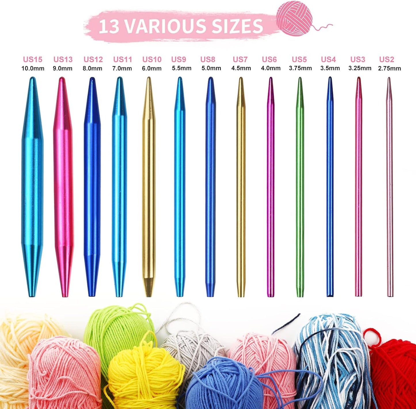 57Pcs Aluminum Circular Knitting Needles Set with Ergonomic Handles,13 Size Interchangeable Crochet Needles with Storage Case for Small Project (Style 1)