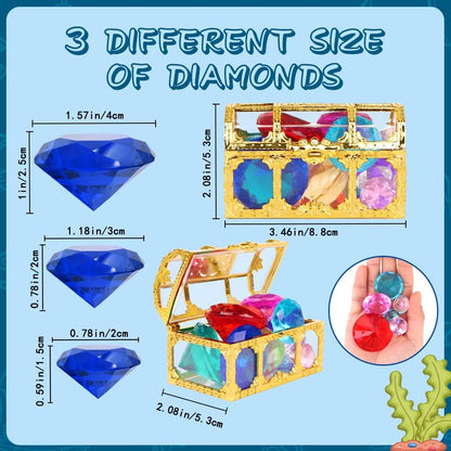 Diving Gem Pool Toys 10 Colorful Big Diamond Gem with Treasure Pirate Chest Box Summer Underwater Acrylic Gemstones Set for Kids Swimming Pool Party Favors