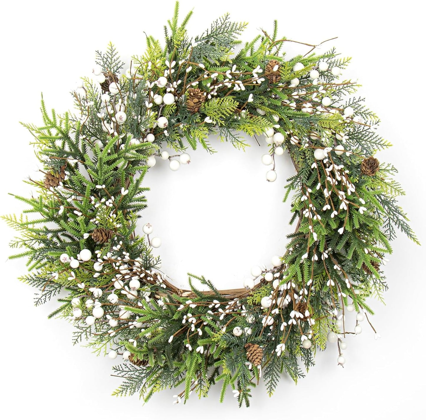 Artificial Christmas Wreath 22 Inch Christmas Wreaths for Front Door Large Winter Wreath with Pine Cones White Berries for Outdoor Indoor Holiday Xmas Celebration (White)