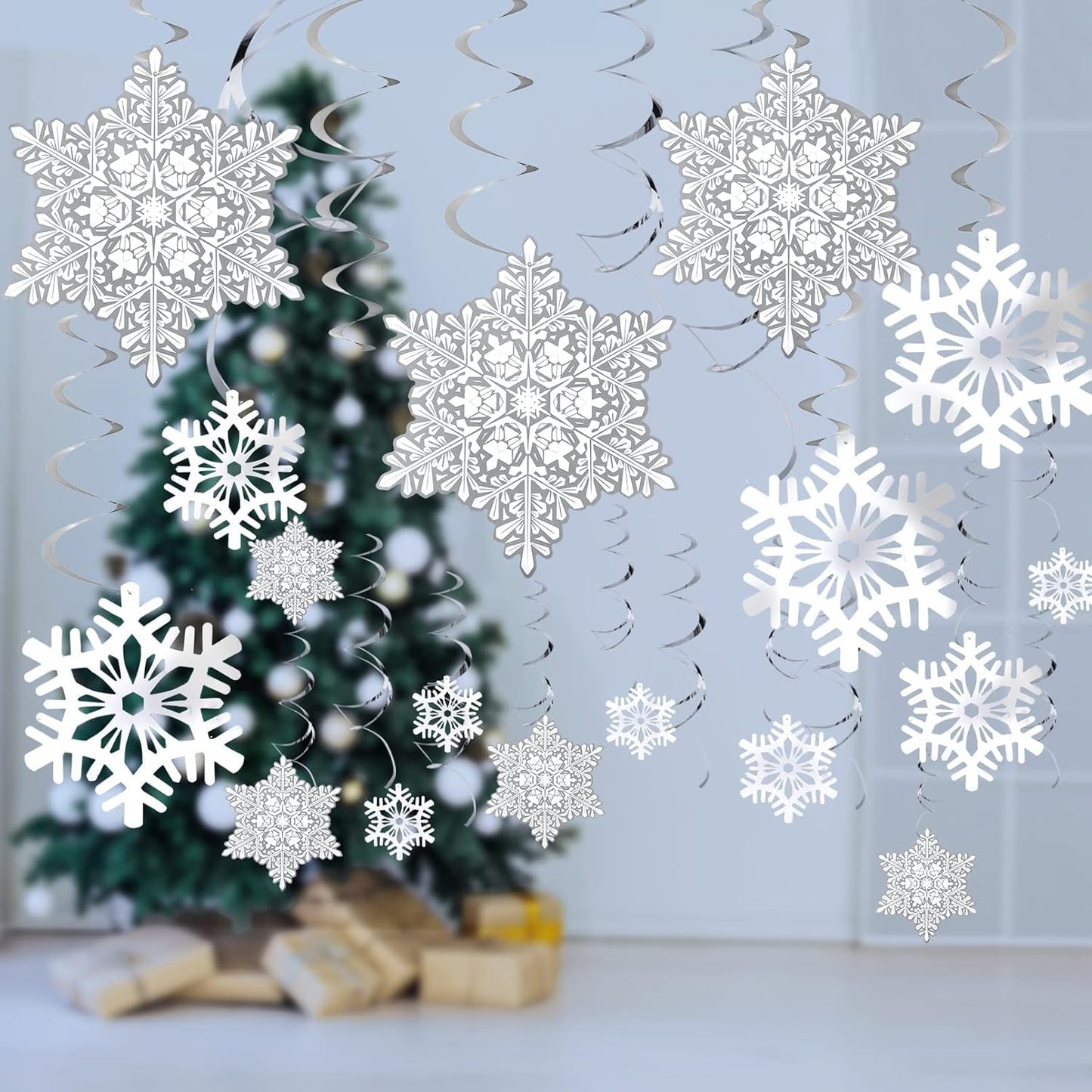 51Pc Christmas Snowflake Swirl Hanging Decorations - White Silver Ornaments for Holiday Winter Theme Parties