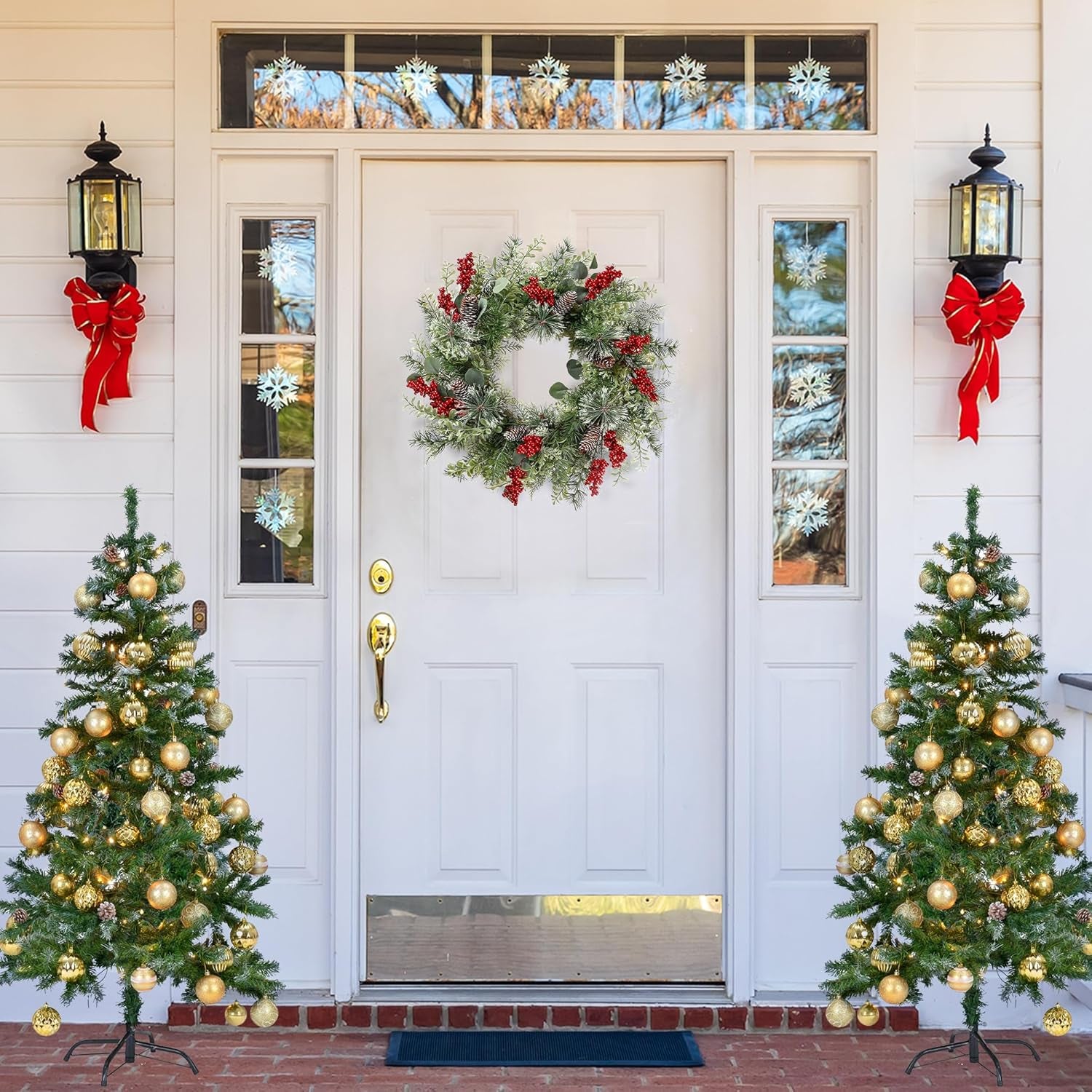 21 Inch Artificial Christmas Wreath for Front Door Xmas Red Berry Wreath with Pine Needles Pine Cones Eucalyptus Leaves Christmas Hanging Decorations for Wall Outdoor Home Window Decor