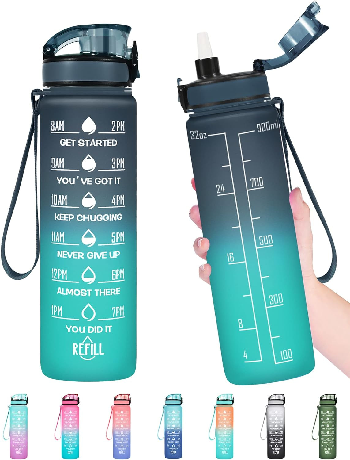 32 Oz Water Bottle, Leakproof BPA & Toxic Free, Motivational Water Bottle with Times to Drink and Straw, Fitness Sports Water Bottle with Strap for Office, Gym, Outdoor Sports, Gray-Black